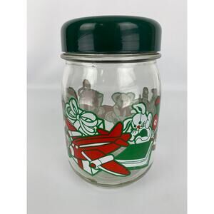 Vintage Christmas Glass Candy Cookie Crafting Jar Plastic Lid Green Red Holiday